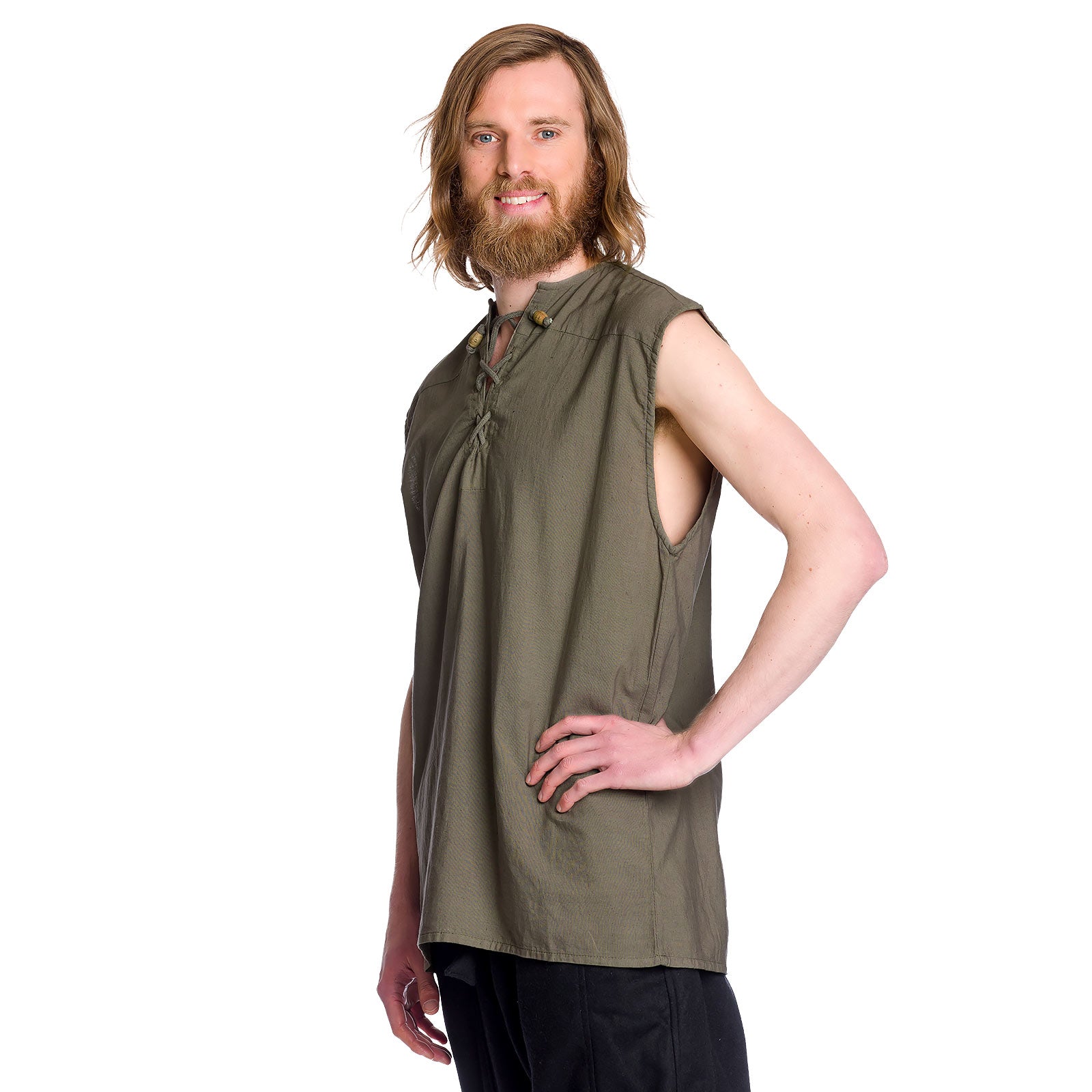 Image produit Chemise médiévale sans manches olive à lacets