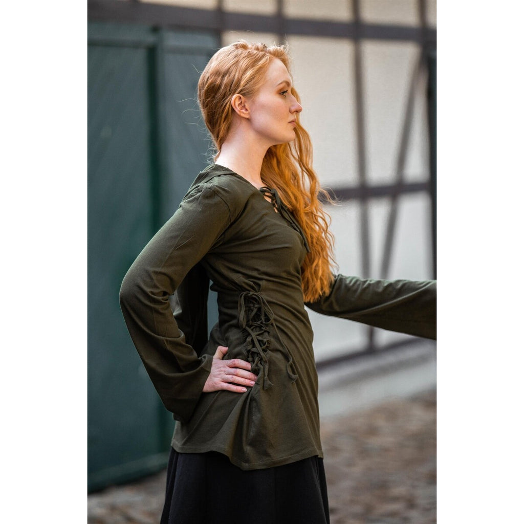 Immagine del prodotto Blusa medievale Lea con cappuccio e allacciatura verde