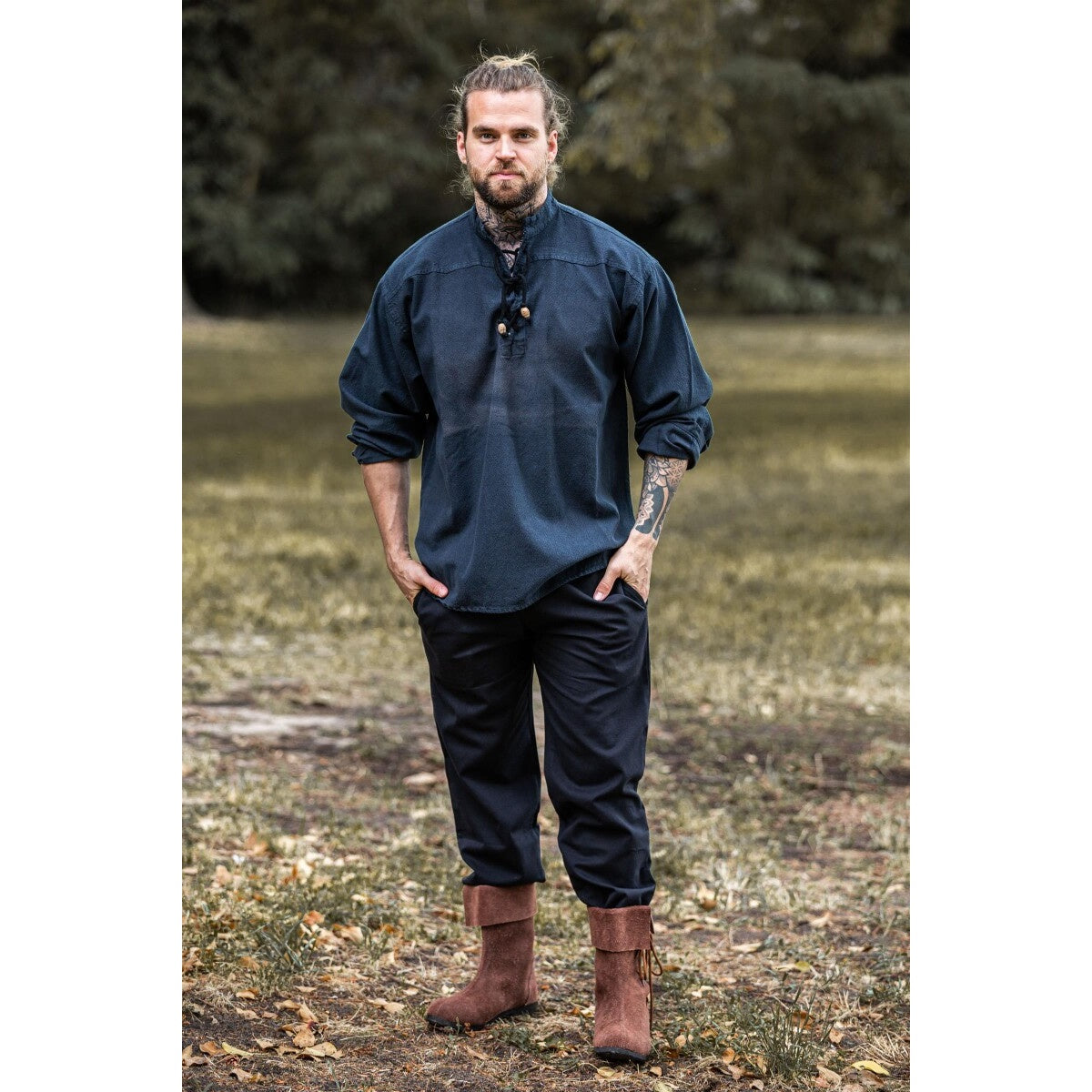 Produktbild Mittelalter Stehkragen Schnürhemd Georg blau-meliert