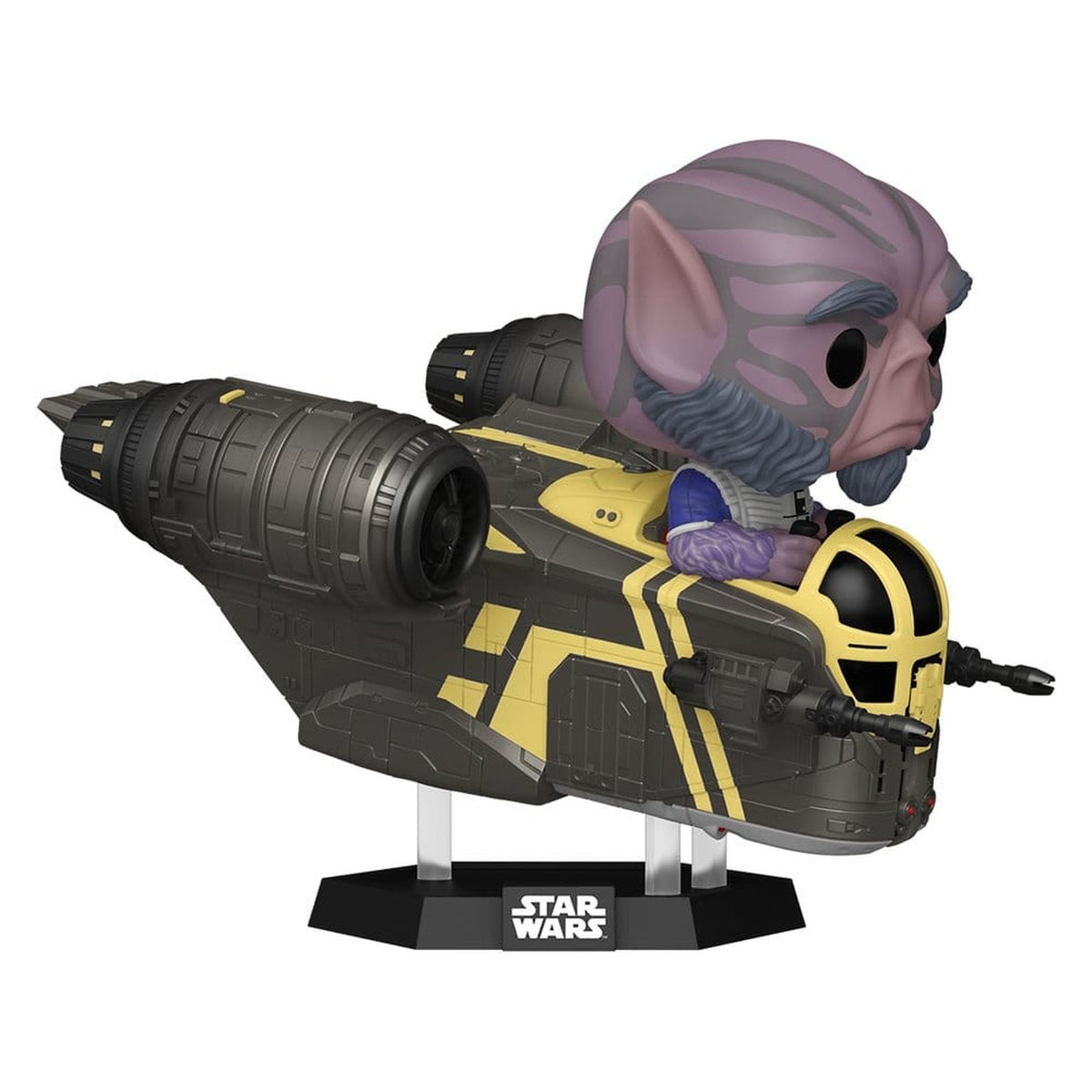Produktbild Star Wars: The Mandalorian and Grogu POP! Rides Deluxe Vinyl Wackelkopf-Figur Zeb Orrelios in the Razor Crest 9 cm